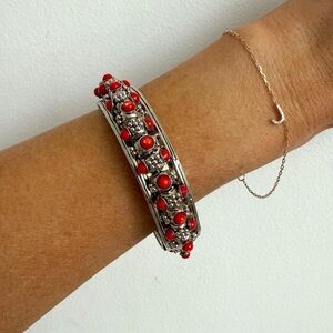 Statement Silver & Red Beaded Clamper Bracelet